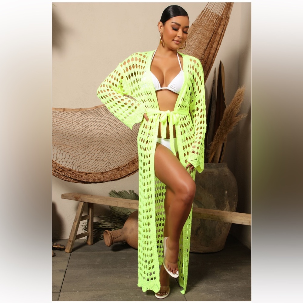 NEW Fashion Nova Body Talk Crotchet Kimono Swim Cover Up Rob Size S Neon Green